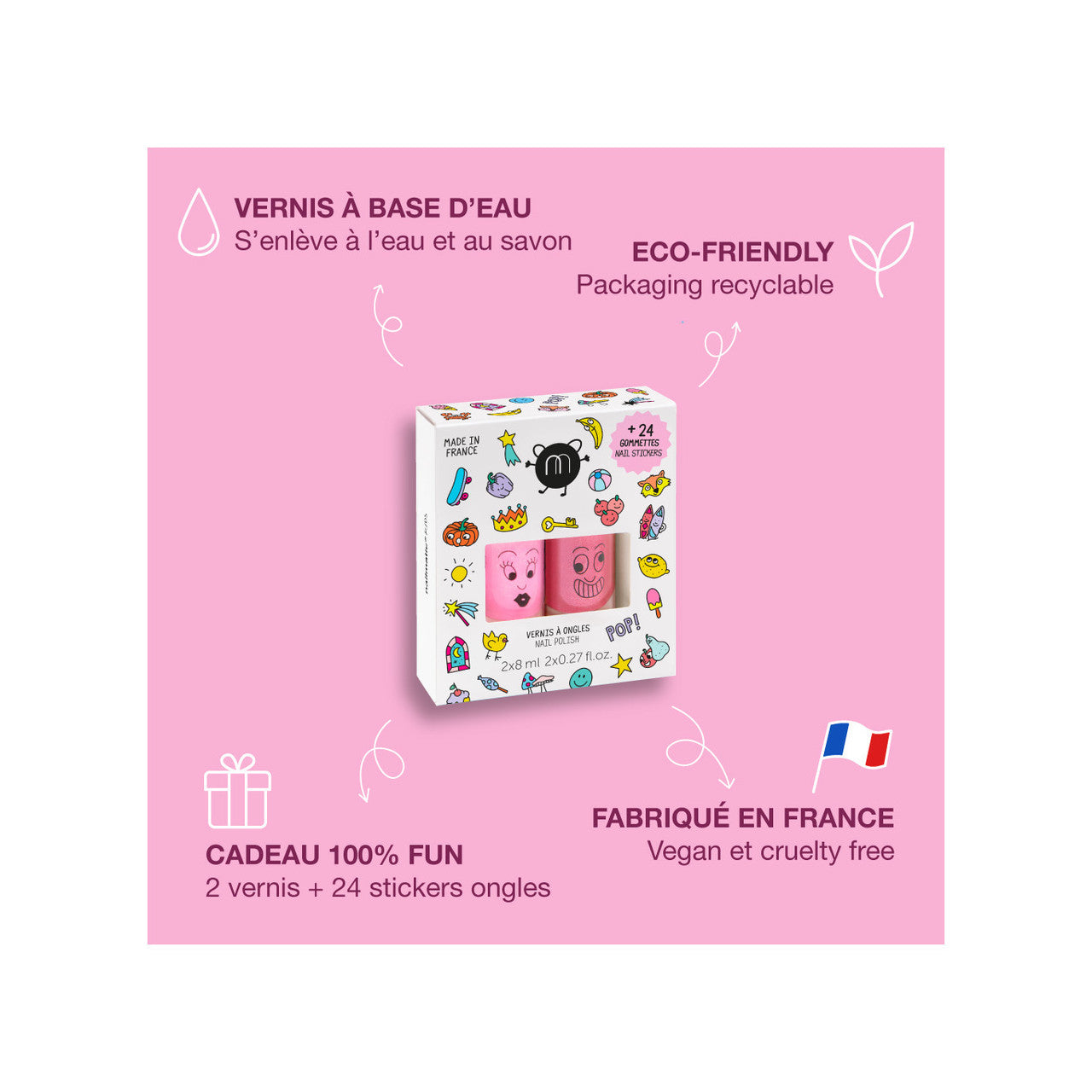 Set: 2 nail polishes + nail sticker POP