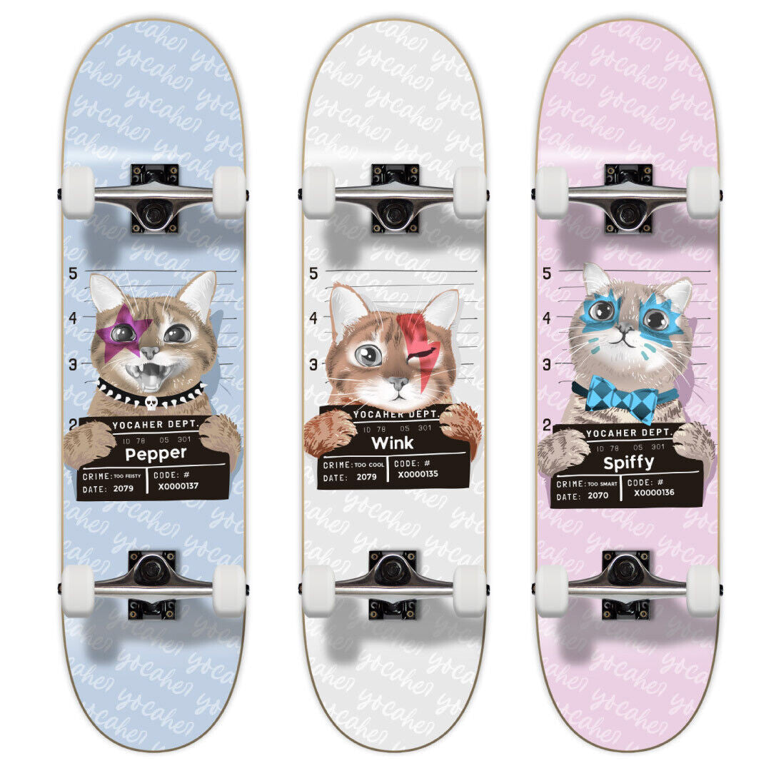 Yocaher Complete Skateboard 7.75"- Rockstar Cat- White Wink